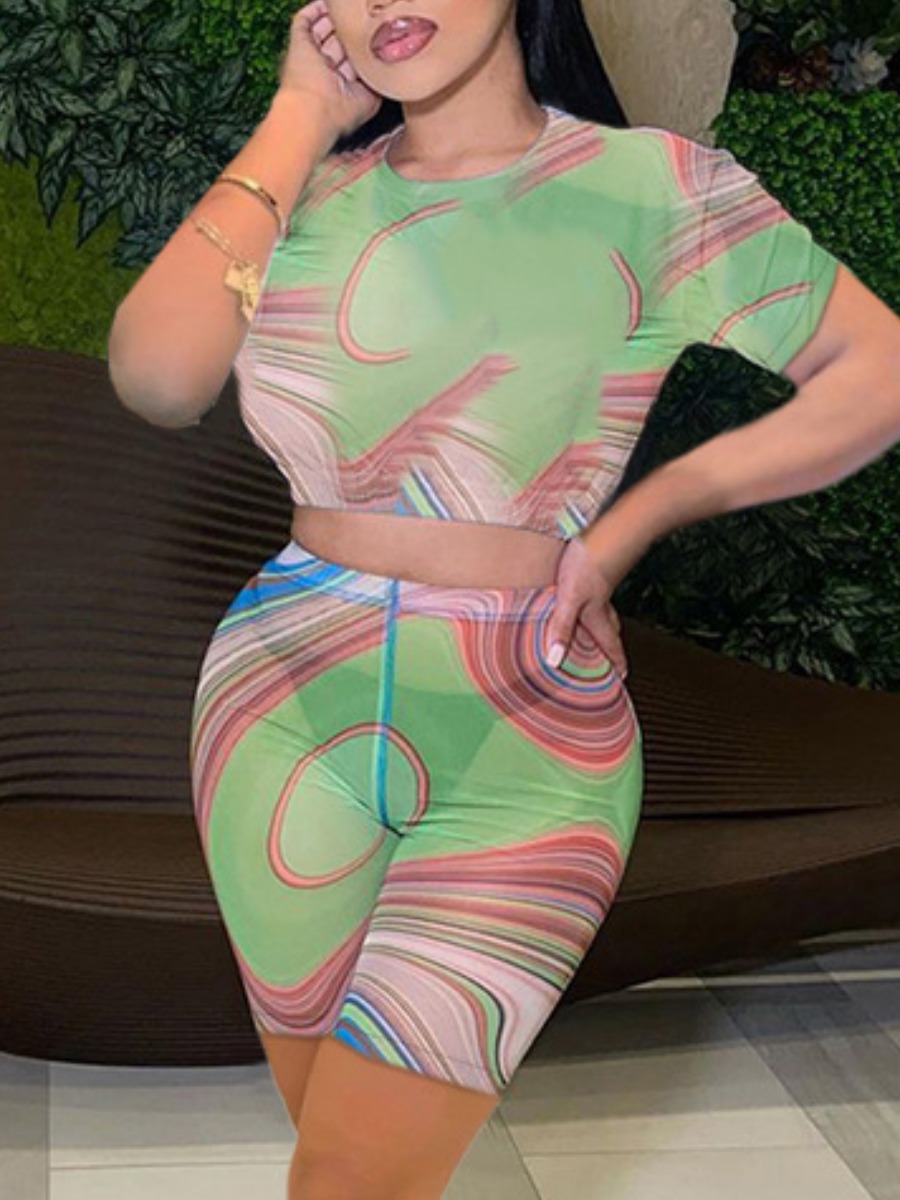 

Lovely Sexy Print See-through Green Two Piece Shorts Set