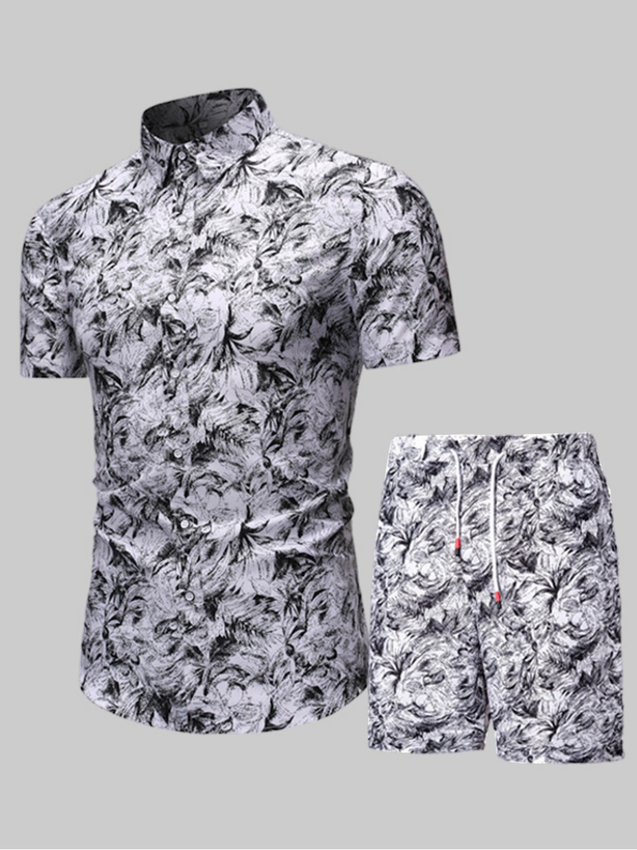 

Lovely Men Boho Floral Print Drawstring White Two Piece Shorts Set