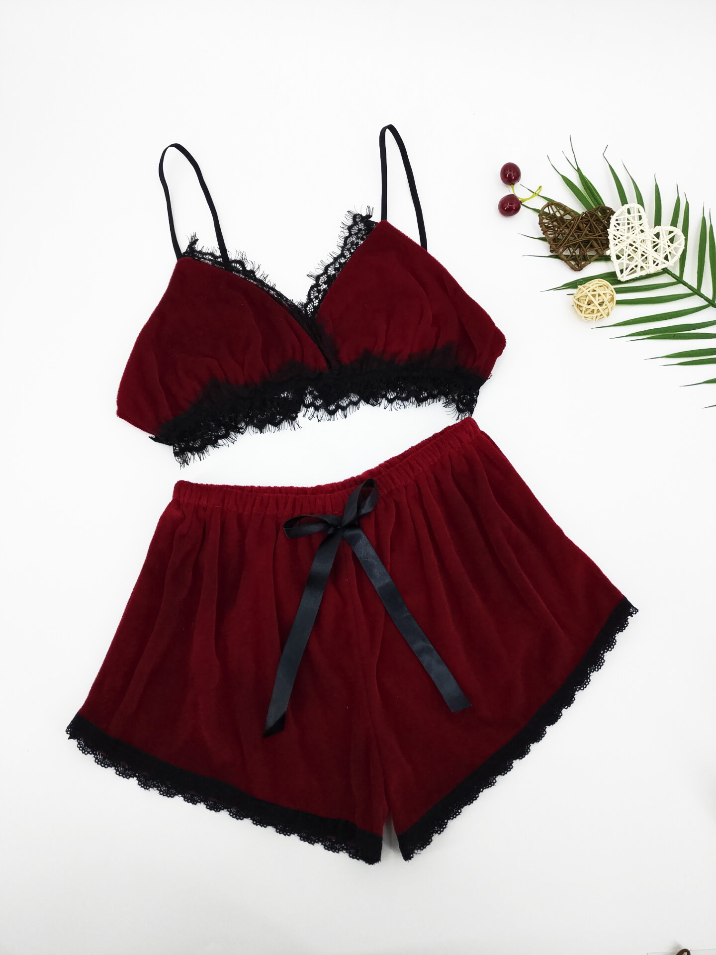 

Lovely Casual Lace Patchwork Bow-tie Decoration Red Sleepwear