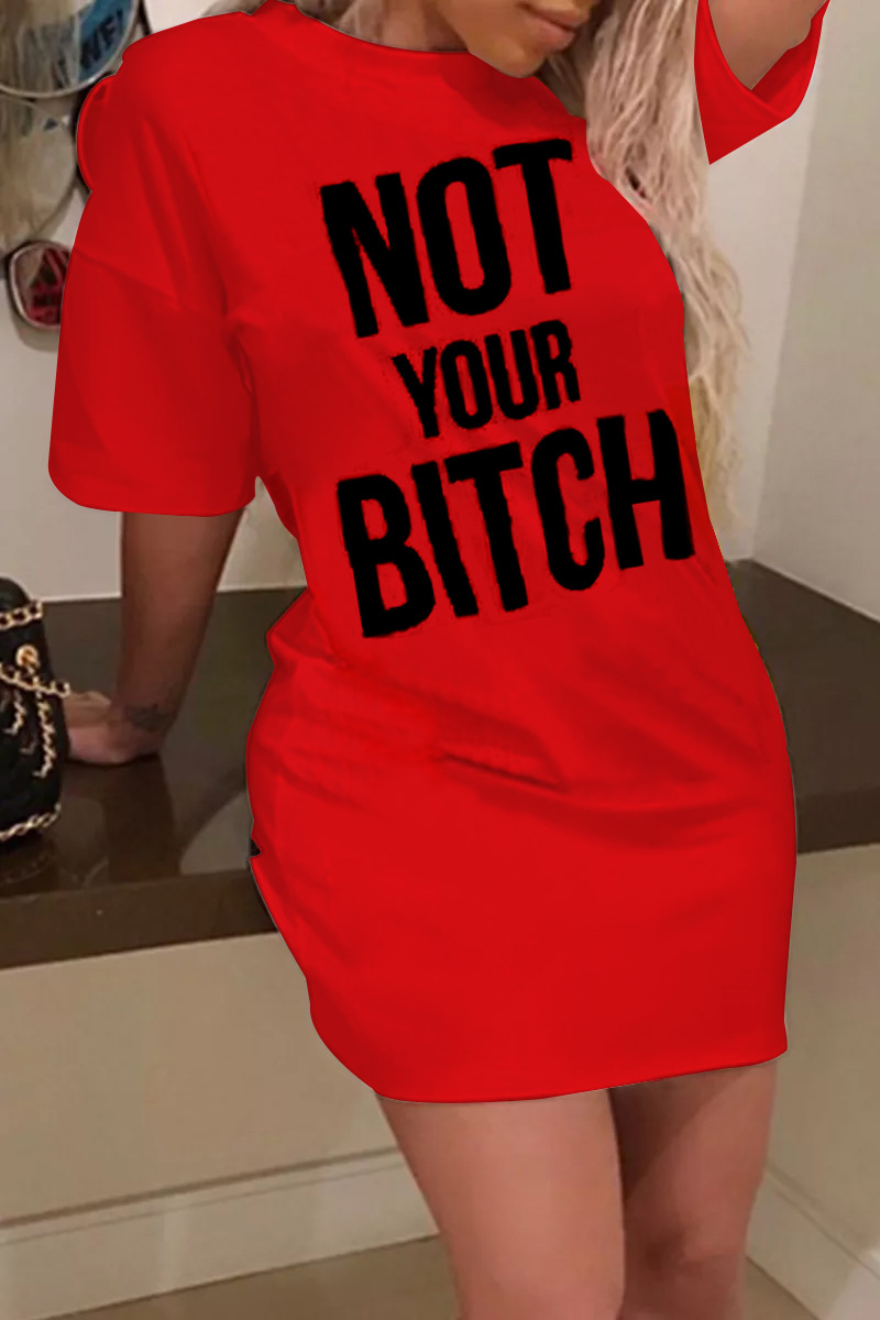 

Lovely Casual Dropped Shoulder Letter Print Red Mini Dress