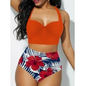 Lovely Sweet U Neck Floral Print Red Tankini