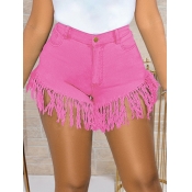 LW Casual High-waisted Tassel Design Rose Red Deni