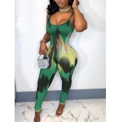 LW Casual U Neck Print Green One-piece Jumpsuit