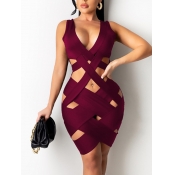 LW SXY Bandage Hollow-out Design Wine Red Knee Len