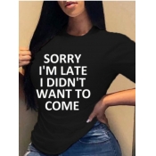 LW Plus Size Casual O Neck Letter Print Black T-sh
