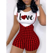 LW Plaid Letter Print Overall Shorts Set