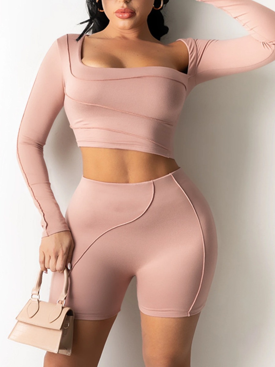 

LW Casual Square Neck Basic Skinny Pink Two Piece Shorts Set