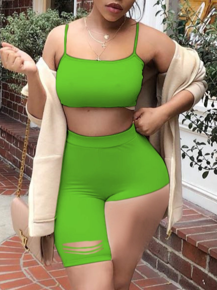 

Lovely Sporty Ripped Asymmetrical Green Two Piece Shorts Set