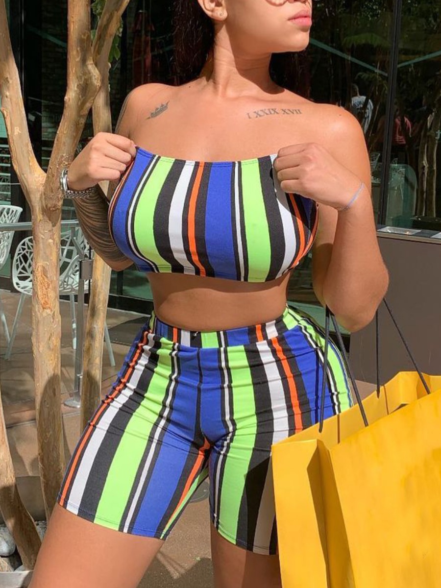 

Lovely Street Off The Shoulder Striped Blue Two Piece Shorts Set
