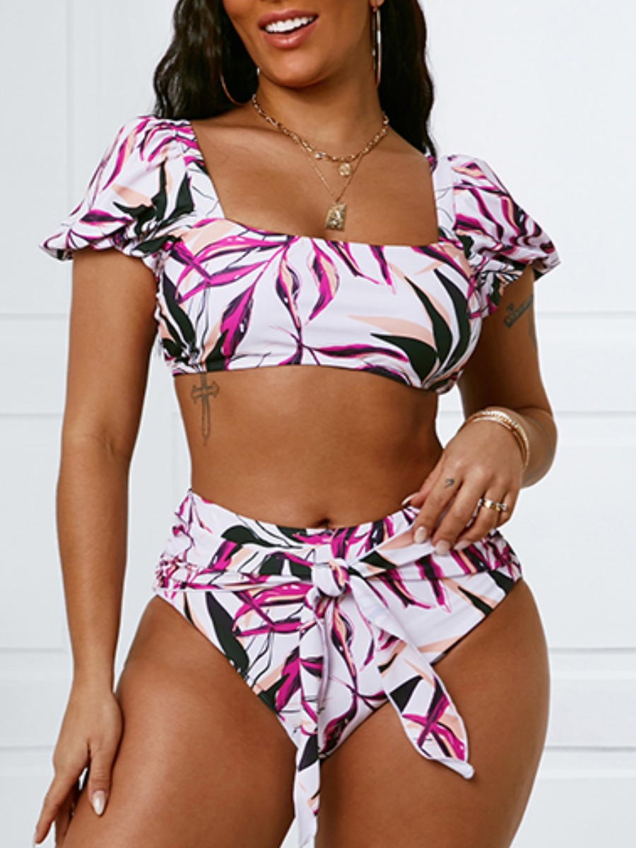 

Lovely Boho Floral Print Bandage Ruffle Design Rose Red Tankini