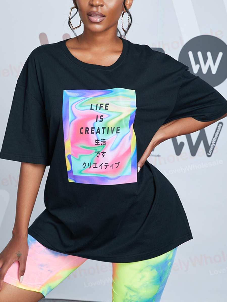 

Lovely Street Dropped Shoulder Letter Print Black T-shirt