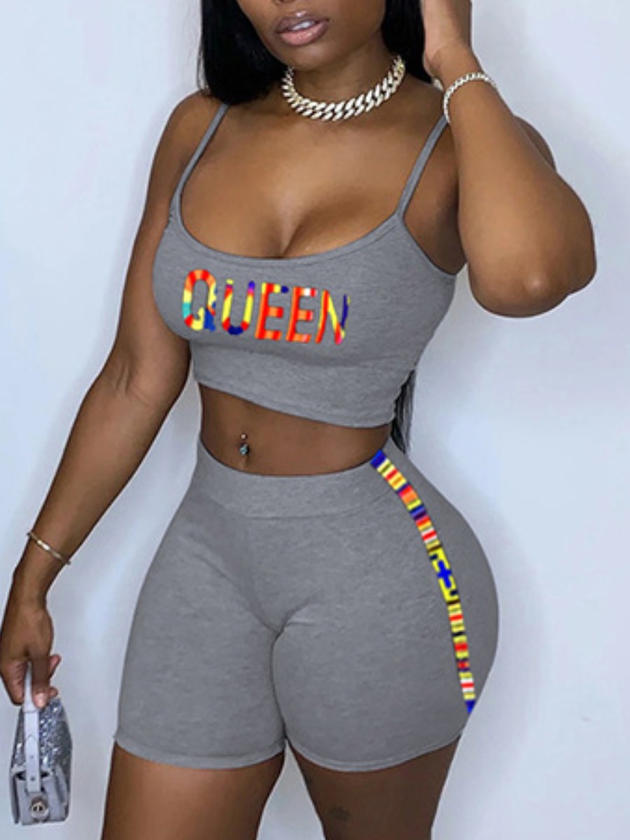 

Lovely Sporty U Neck Letter Print Striped Grey Two Piece Shorts Set