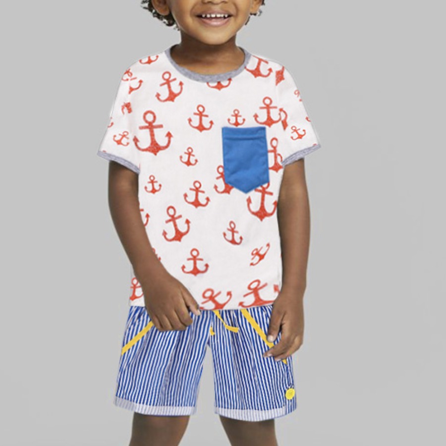 

Lovely Boy Casual O Neck Print Striped White Two Piece Shorts Set
