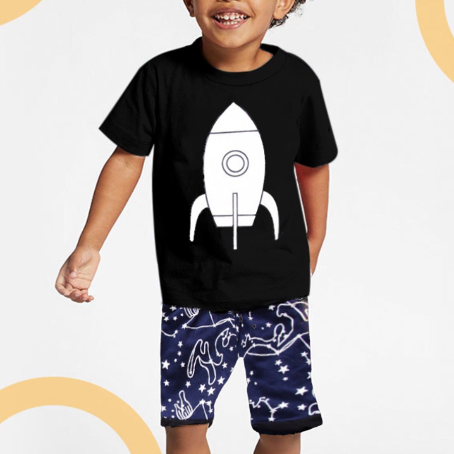 

Lovely Boy Casual Rocket Star Print Black Two Piece Shorts Set