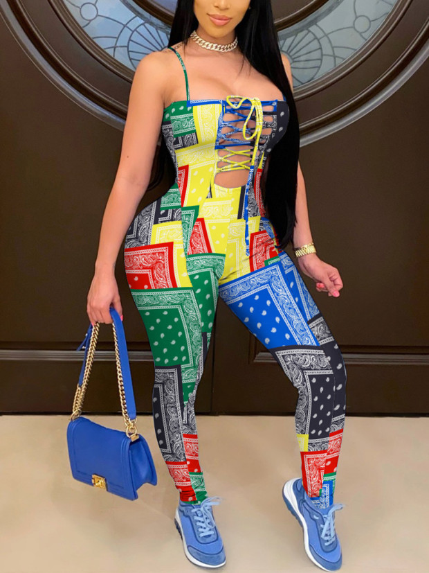 

Lovely Casual Geometric Print Bandage Design Multicolor One-piece Jumpsuit, Multi