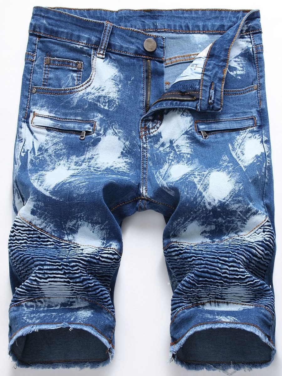 

Lovely Men Street Tie-dye Zipper Design Acid Blue Denim Shorts