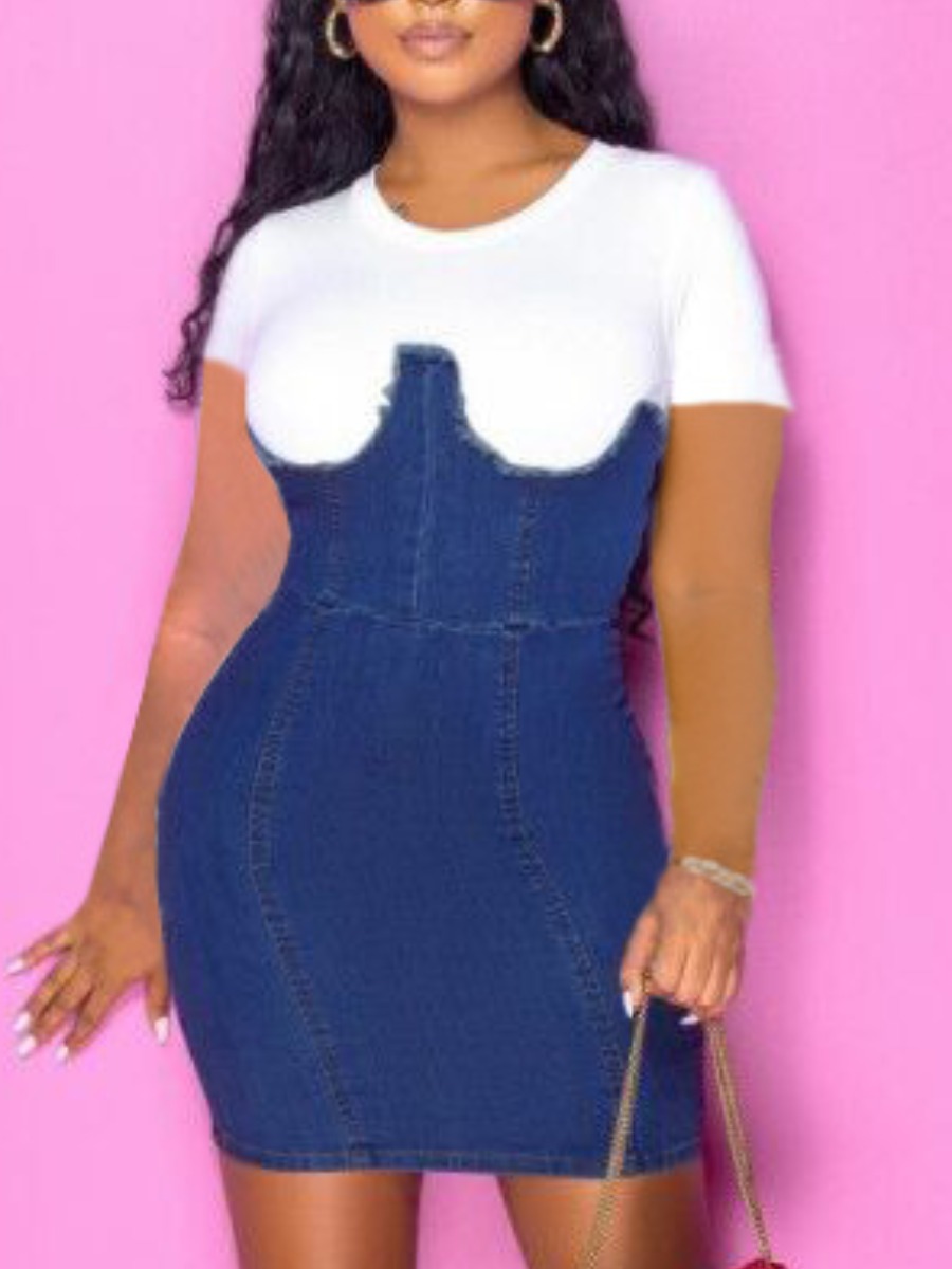 

Lovely Street O Neck Color-lump White Mini Denim Dresses