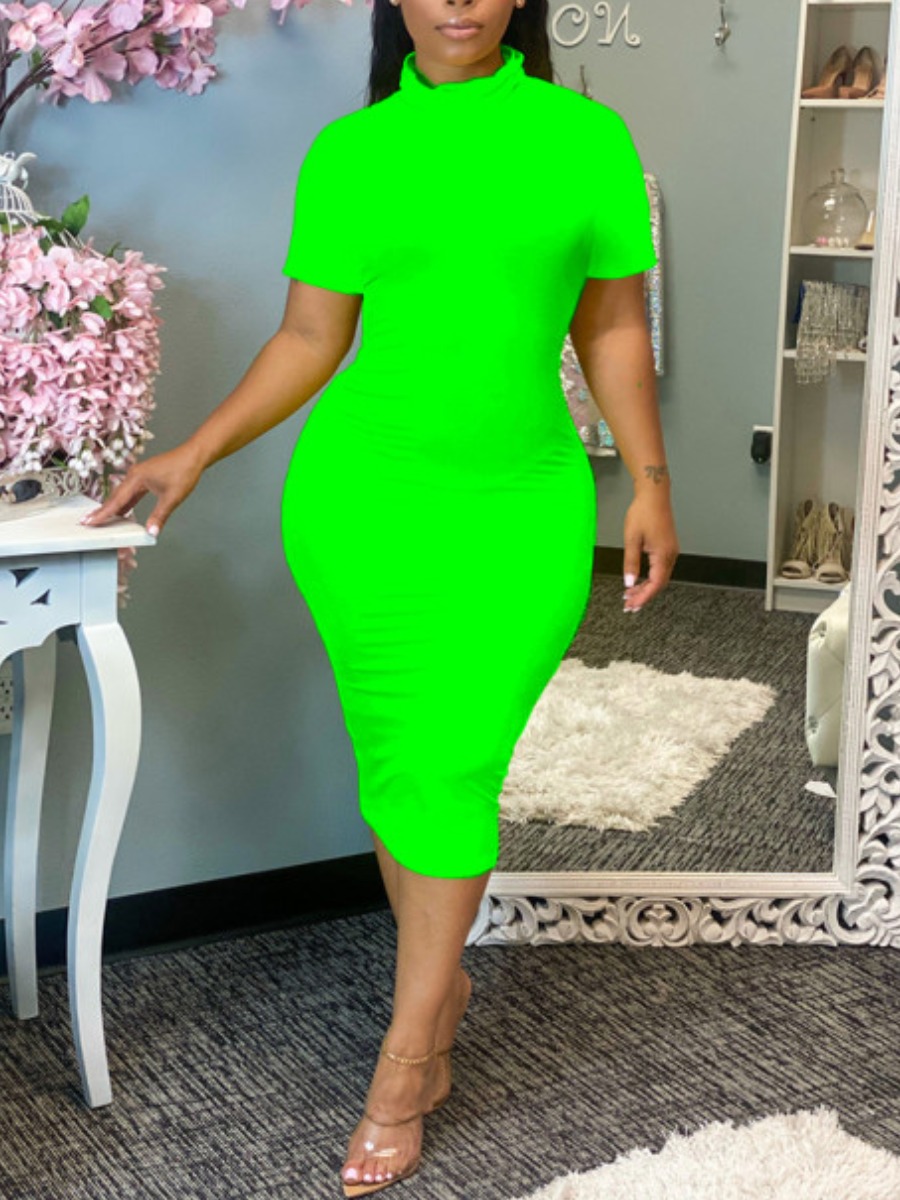 

Lovely Plus Size Casual Turtleneck Plain Green Knee Length Dress