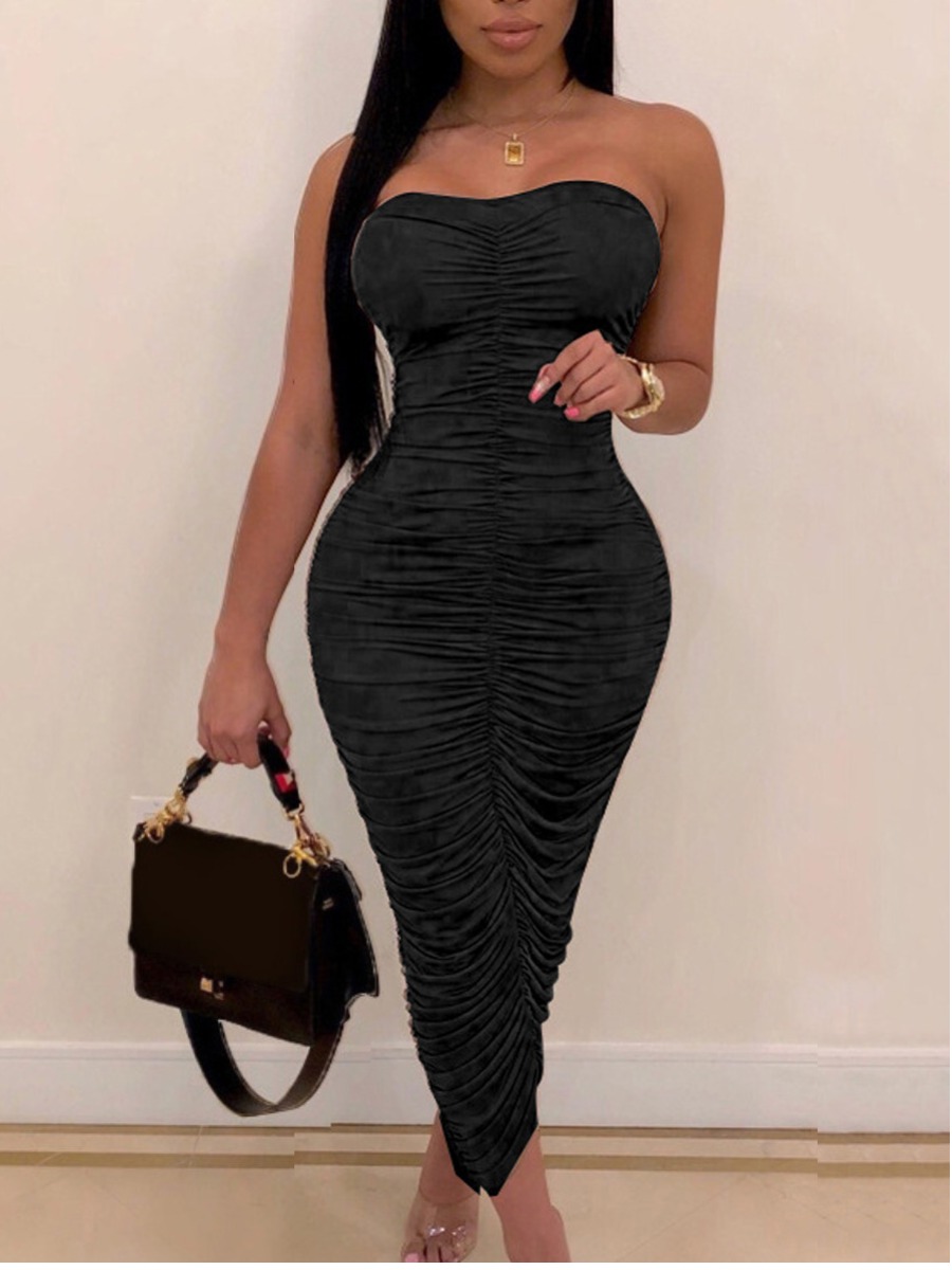 

Lovely Sexy Off The Shoulder Ruched Black Ankle Length Dress