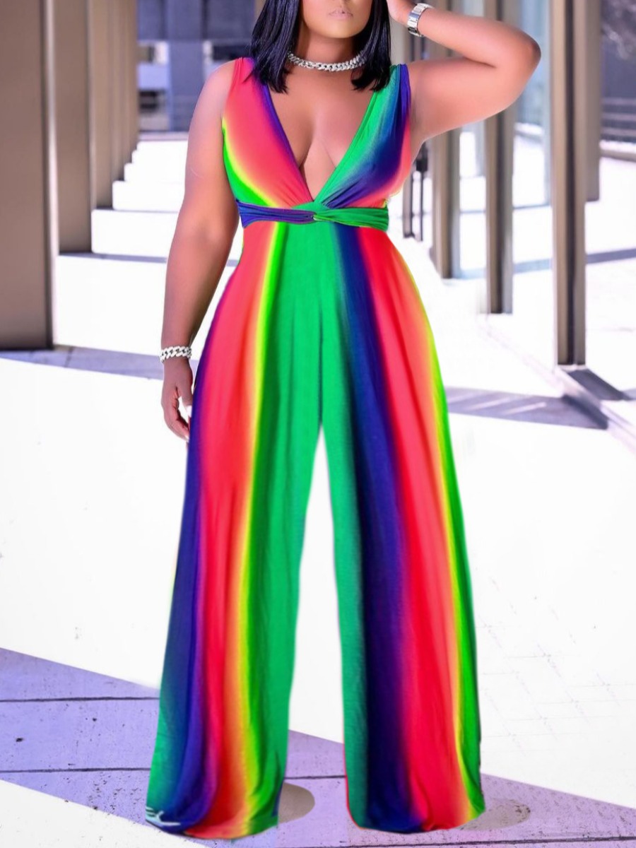 

Lovely Boho V Neck Rainbow Stripe Multicolor One-piece Jumpsuit, Multi