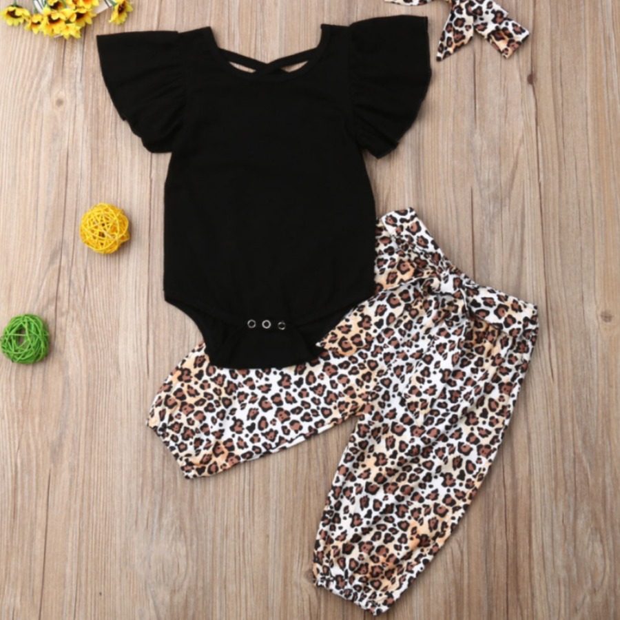 

Lovely Girl Casual Leopard Print Flounce Design Black Two Piece Pants Set(With Headband)