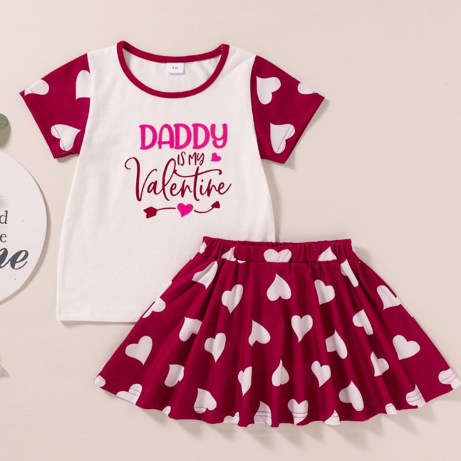 

Lovely Girl Sweet Heart-shaped Print Flounce Design Wine Red Two Piece Skirt Set