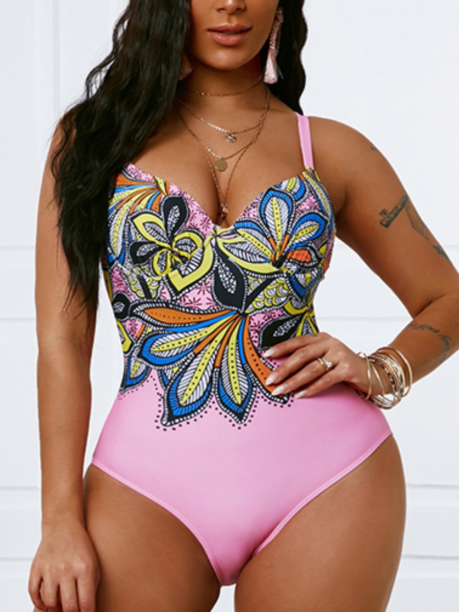 

Lovely Boho V Neck Floral Print Pink One-piece Swimsuit