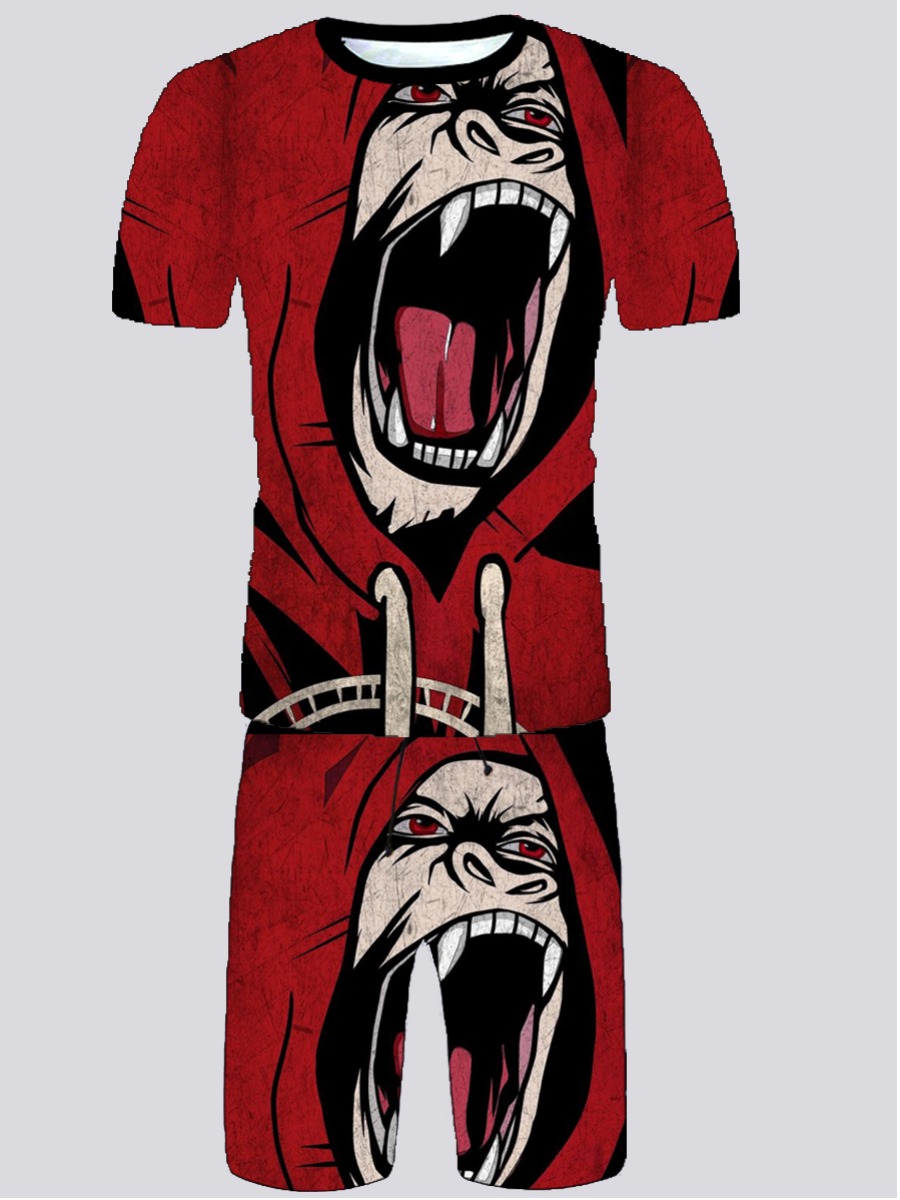 

Lovely Men Street Animal Print Patchwork Red Two Piece Shorts Set