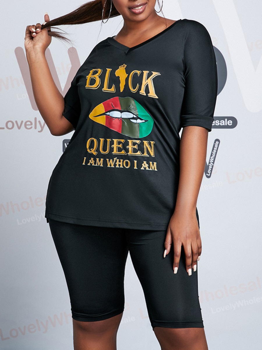 

Lovely Casual V Neck Lip Letter Print Black Plus Size Two-piece Shorts Set