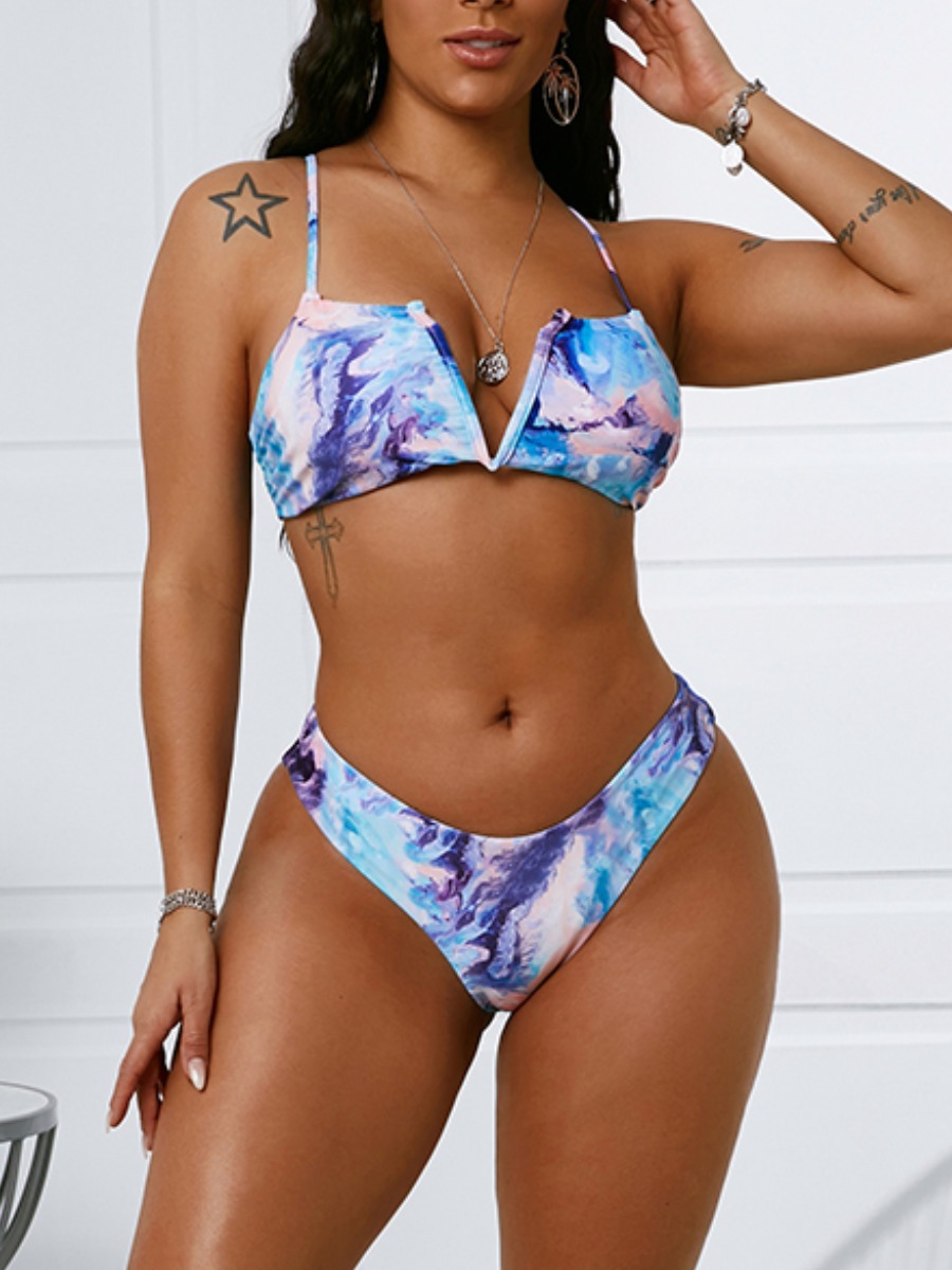 

Lovely Boho V Neck Tie-dye Blue Two-piece Swimsuit