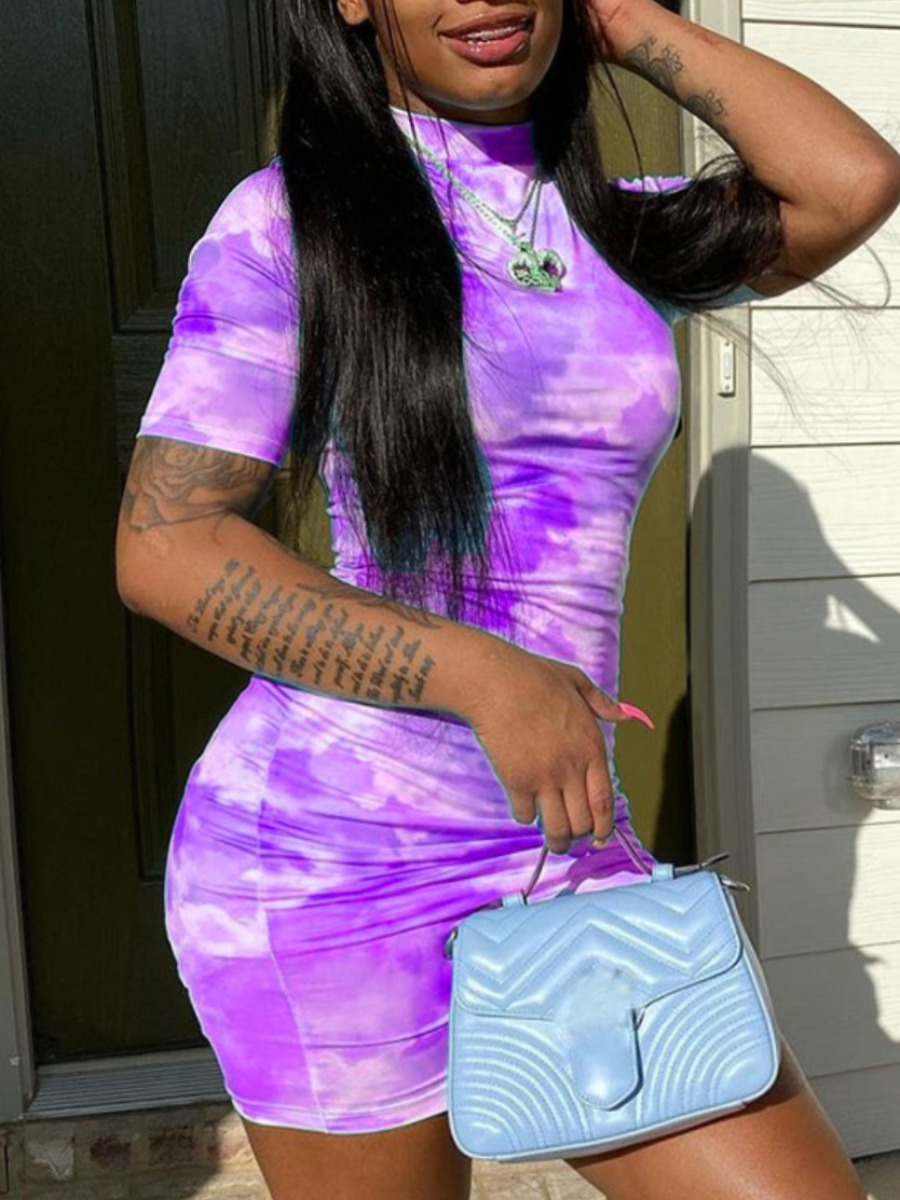 

Lovely Plus Size Casual Half A Turtleneck Tie-dye Purple Mini Dress