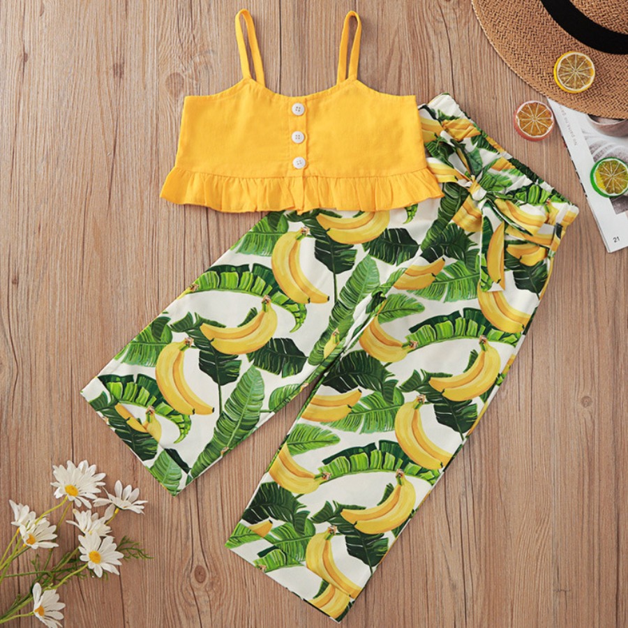 

Lovely Girl Sweet Fruit Print Ruffle Design Yellow Two Piece Pants Set