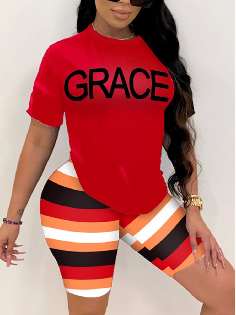 

Lovely Plus Size Sporty Letter Print Striped Red Two-piece Shorts Set