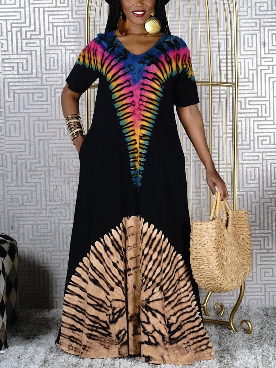 

Lovely Boho Print Patchwork Black Floor Length A Line Dress