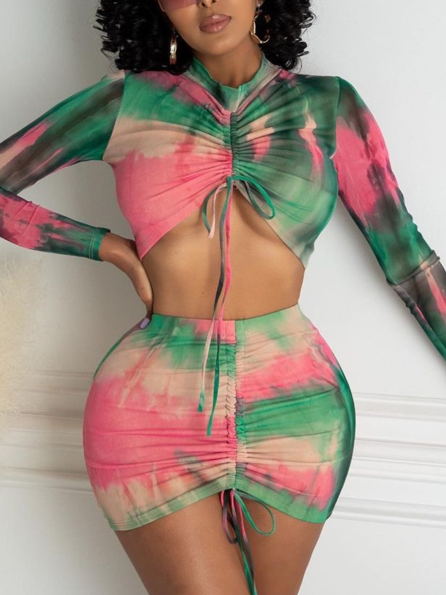 

Lovely Street Tie Dye Ruched Drawstring Light Green Two Piece Skirt Set