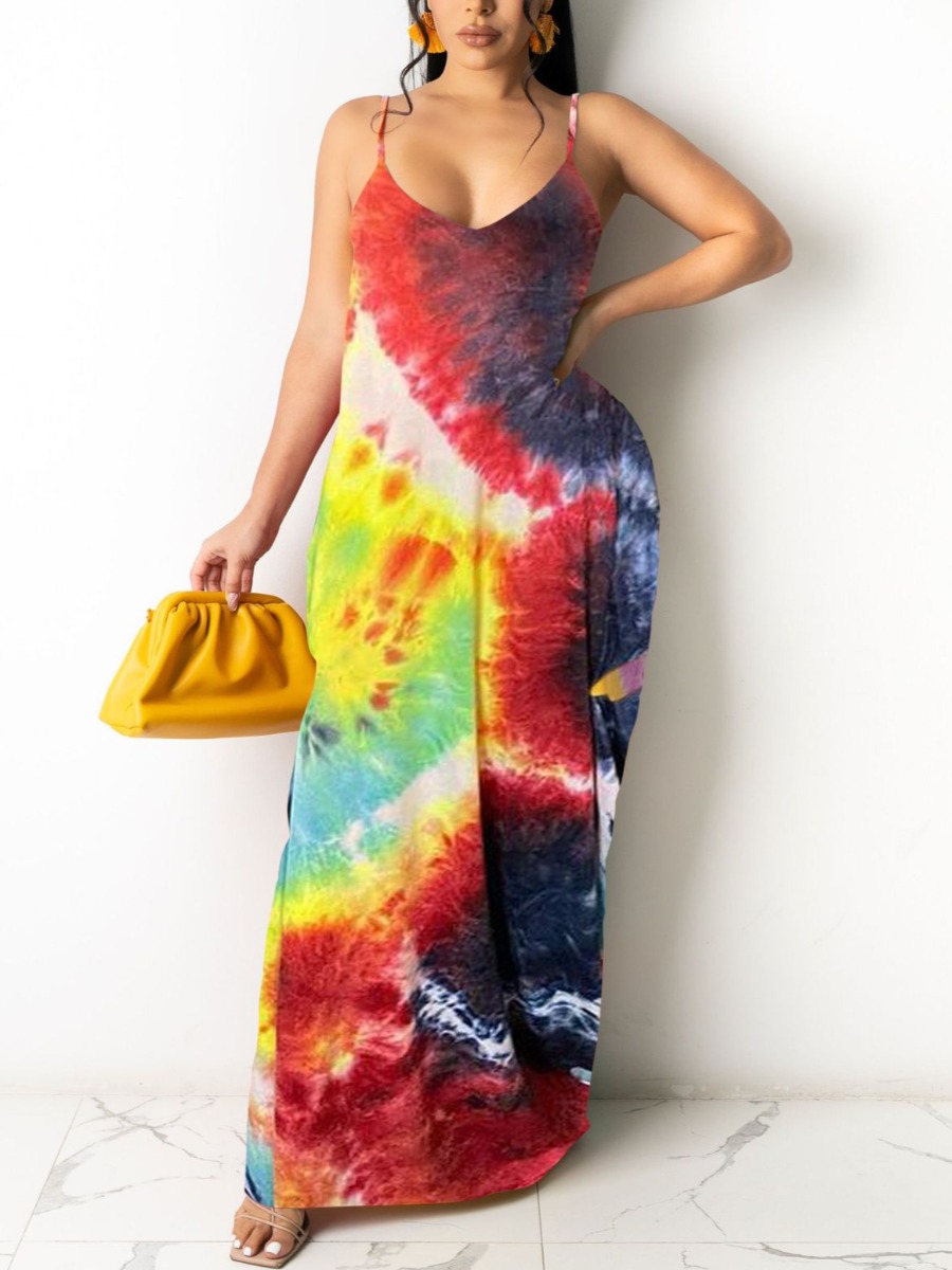 

Lovely Boho U Neck Tie-dye Multicolor Floor Length Dress, Multi
