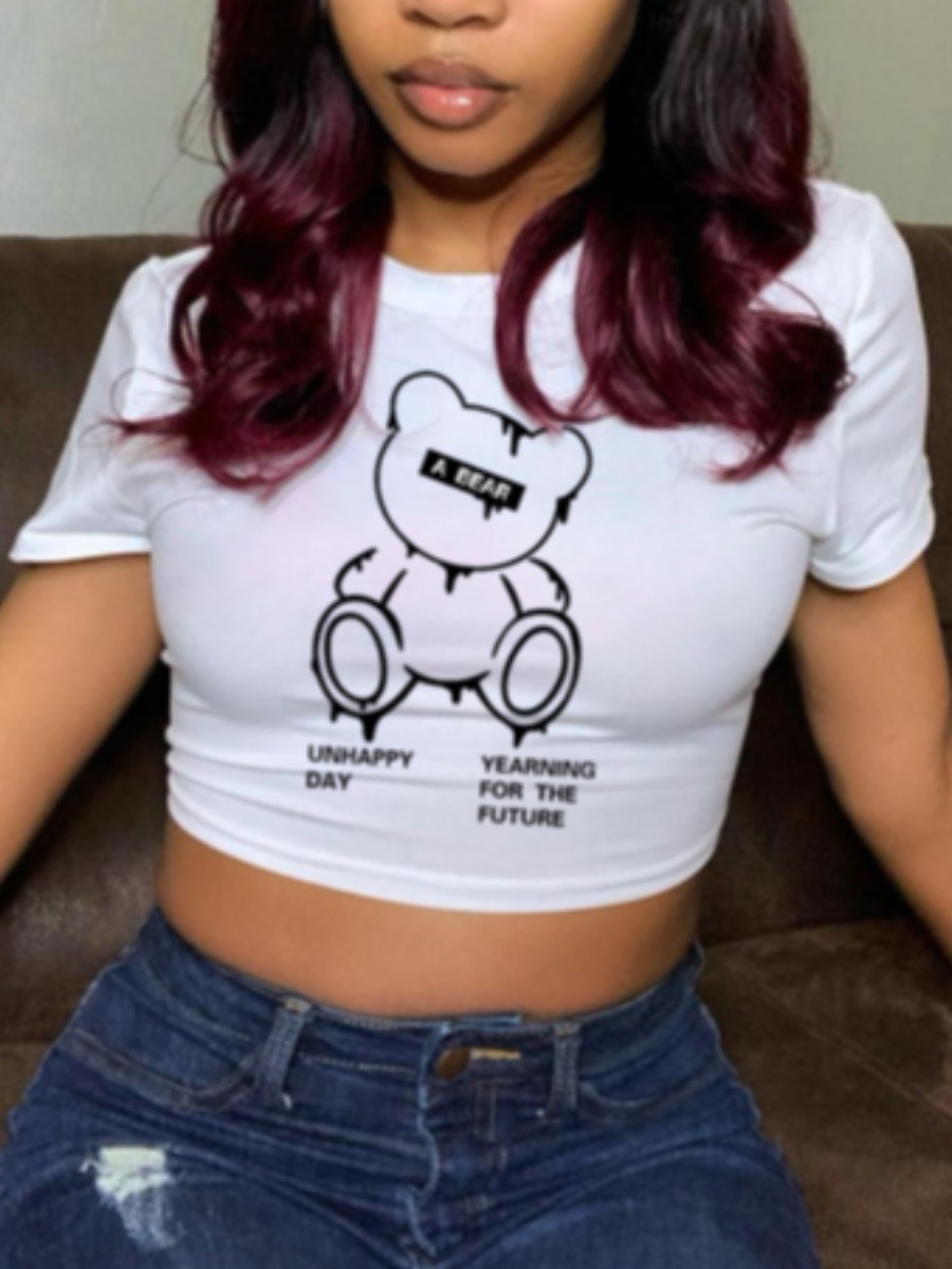 

Lovely Street Cartoon Letter Print White T-shirt