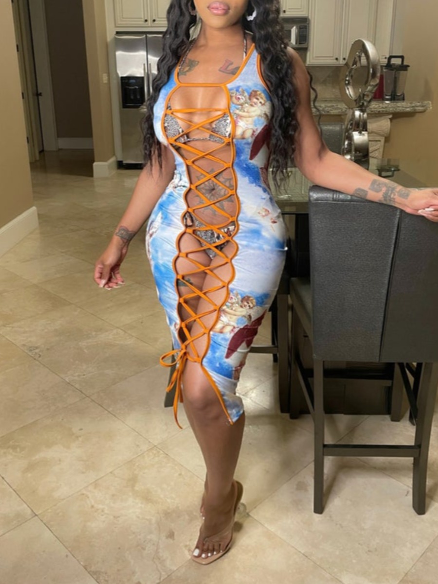 

Lovely Sexy Bandage Hollow-out Design Skyblue Mid Calf Dress