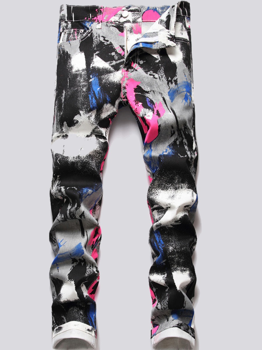 

Lovely Men Street Mid Waist Graffiti Print Multicolor Jeans, Multi