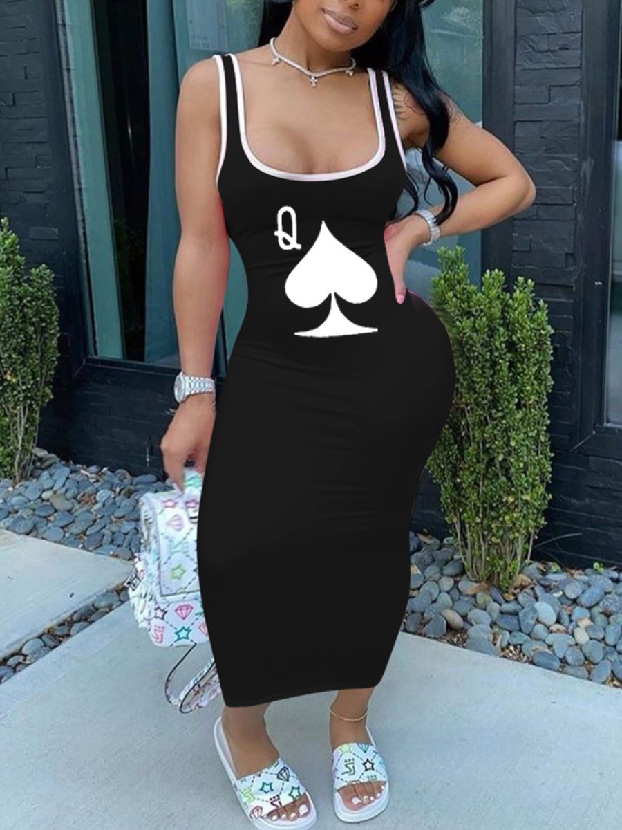 

Lovely Street U Neck Letter Print Black Ankle Length Dress
