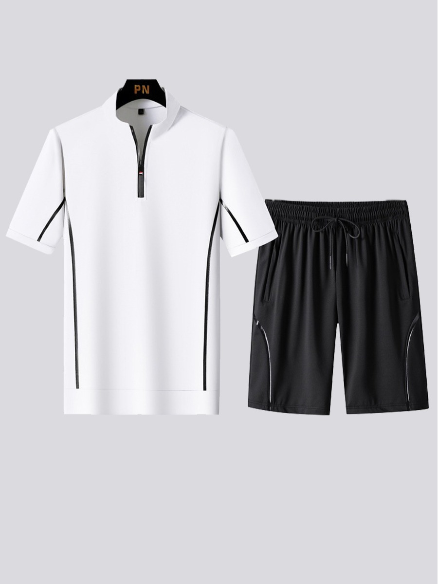 

Lovely Men Sporty Striped Drawstring White Two Piece Shorts Set