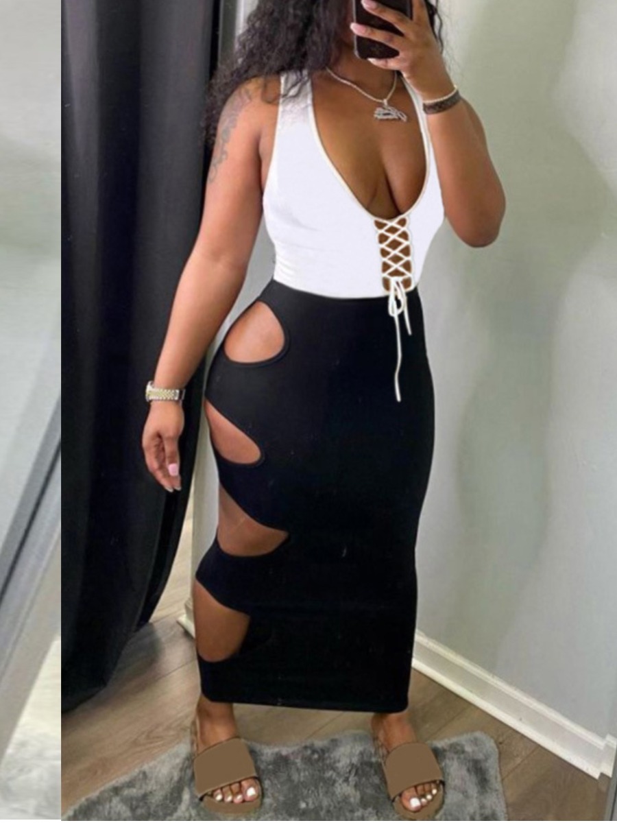 

Lovely Street Bandage Hollow-out Design Black Ankle Length Dress