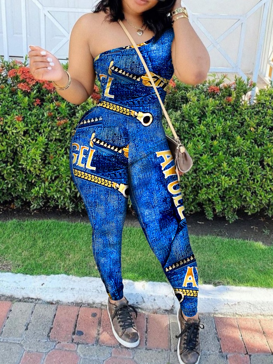 

Lovely Street One Shoulder Letter Print Deep Blue One-piece Jumpsuit