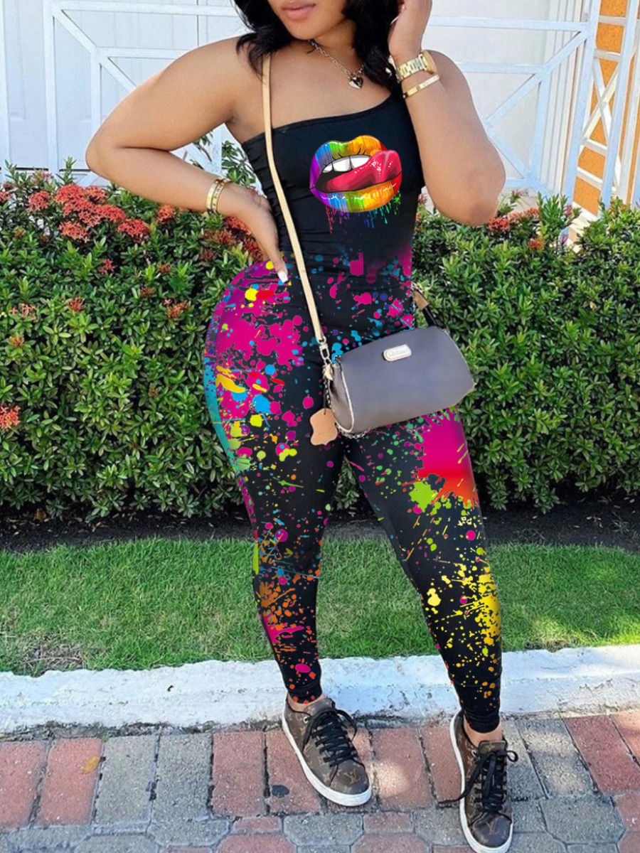 

Lovely Street One Shoulder Splash Ink Lip Print Black One-piece Jumpsuit