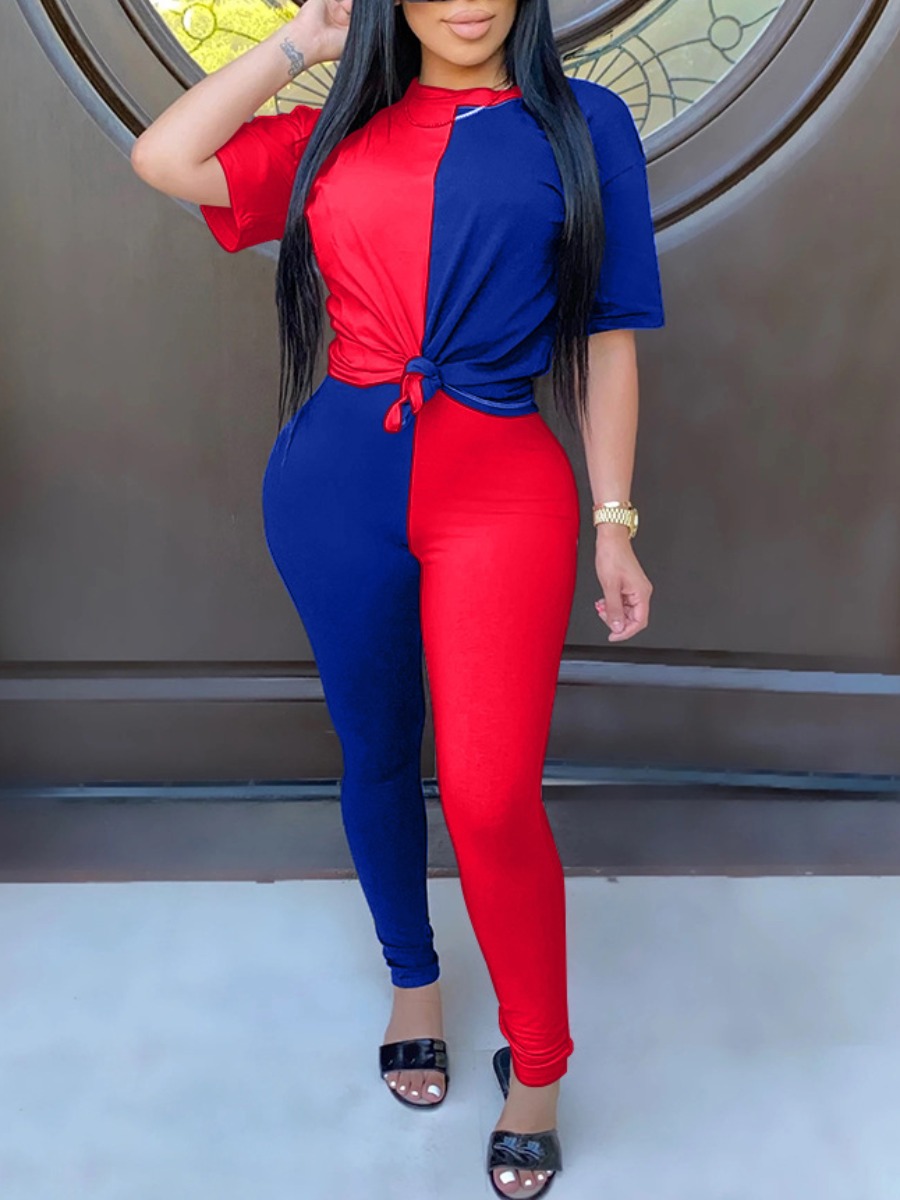 

Lovely Casual O Neck Patchwork Red Two Piece Pants Set