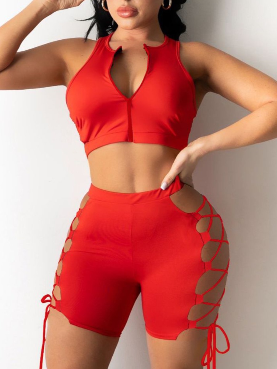 

LW Street Bandage Hollow-out Design Red Two Piece Shorts Set