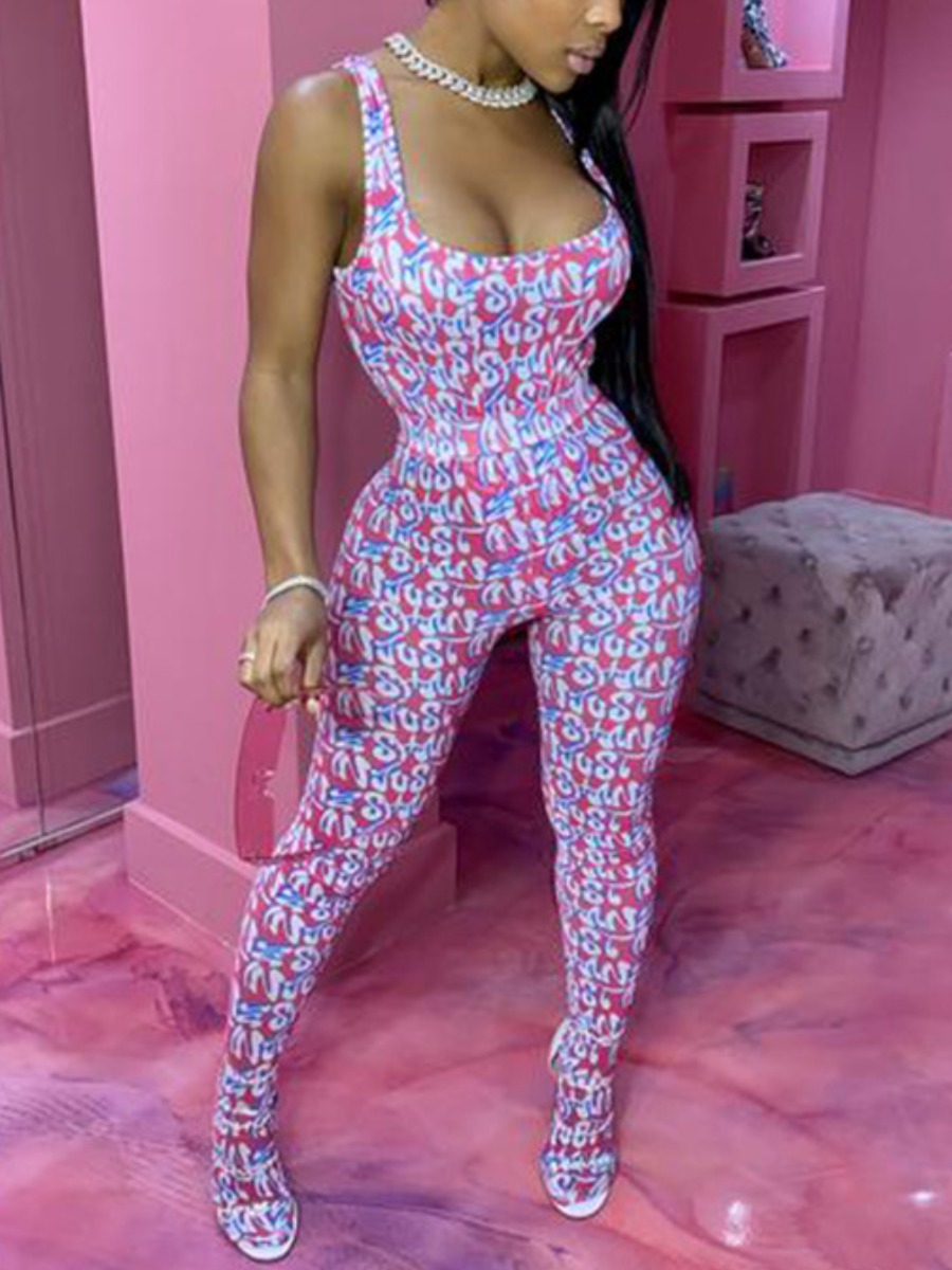 

Lovely Street U Neck Letter Print Pink Two Piece Pants Set