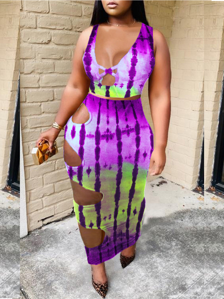 

Lovely Plus Size Street Tie-dye Hollow-out Purple Ankle Length Dress