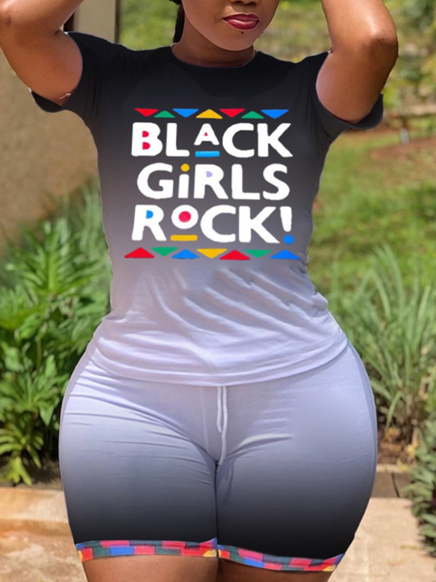 

Lovely Plus Size Street Gradient Letter Print Black Two-piece Shorts Set