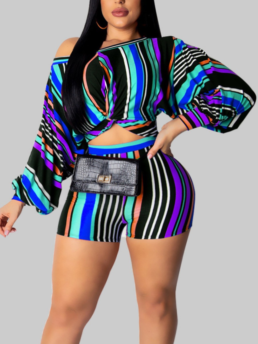 

Lovely Plus Size Street Batwing Sleeve Striped Blue Two-piece Shorts Set